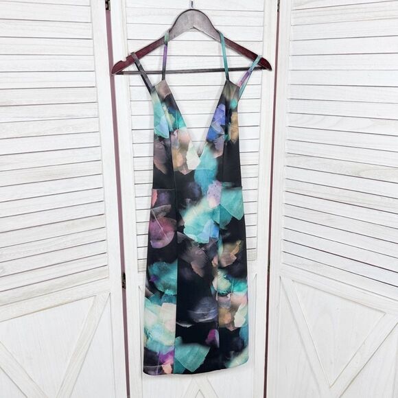 Bebe Watercolor Plunge Neck Open Back Bodycon Y2K Club Dress Black Teal XS - Picture 8 of 13